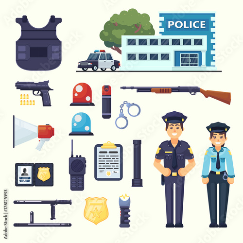 Police professional equipment set. Handcuffs, bulletproof vest, weapons, station, car and other element. police man and woman agents working in uniform flat vector set