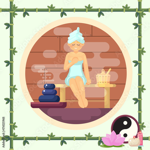 Woman in the sauna steam flat vector illustration colorful concept