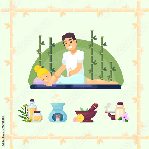 Massage room spa. Masseuse makes cosmetic procedures girl. Vector illustration flat