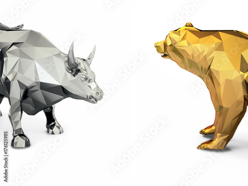 Render illustration of golden bull and bear head