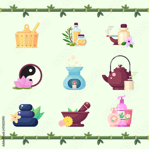 flat vector set of spa massage therapy cosmetics icons Illustration.