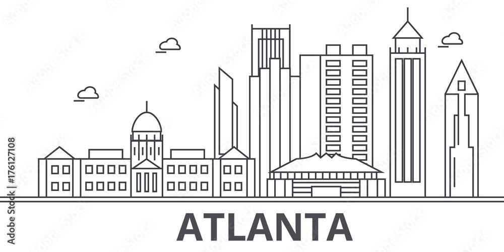 Atlanta architecture line skyline illustration. Linear vector cityscape with famous landmarks, city sights, design icons. Editable strokes