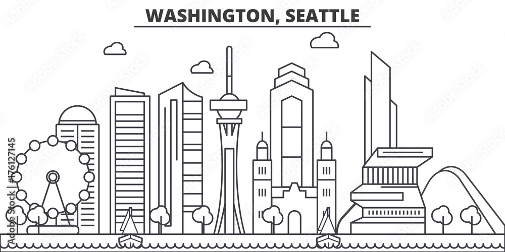 Washington, Seattle architecture line skyline illustration. Linear vector cityscape with famous landmarks, city sights, design icons. Editable strokes