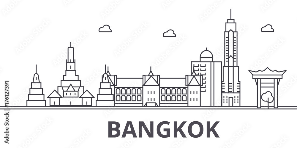 Fototapeta premium Bangkok architecture line skyline illustration. Linear vector cityscape with famous landmarks, city sights, design icons. Editable strokes