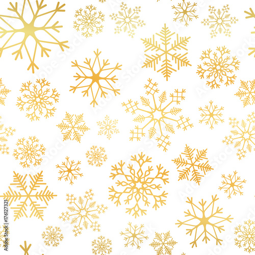 Golden snowflake. Snowflake simple seamless pattern. Abstract wallpaper, wrapping decoration. Symbol of winter, Merry Christmas holiday, Happy New Year celebration Vector illustration