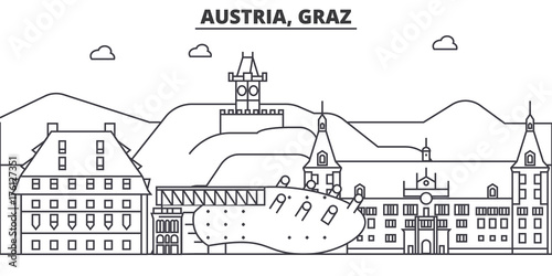 Austria, Graz architecture line skyline illustration. Linear vector cityscape with famous landmarks, city sights, design icons. Editable strokes