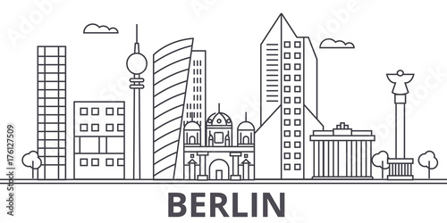 Berlin architecture line skyline illustration. Linear vector cityscape with famous landmarks, city sights, design icons. Editable strokes