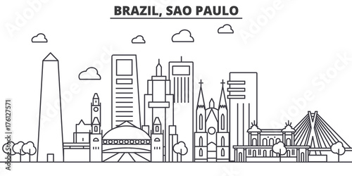 Brazil, Sao Paulo architecture line skyline illustration. Linear vector cityscape with famous landmarks, city sights, design icons. Editable strokes