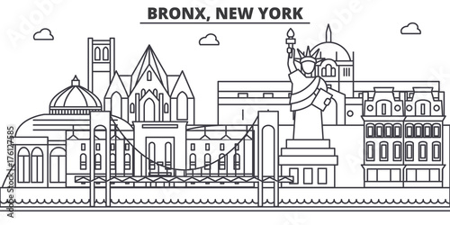 Bronx, New York architecture line skyline illustration. Linear vector cityscape with famous landmarks, city sights, design icons. Editable strokes
