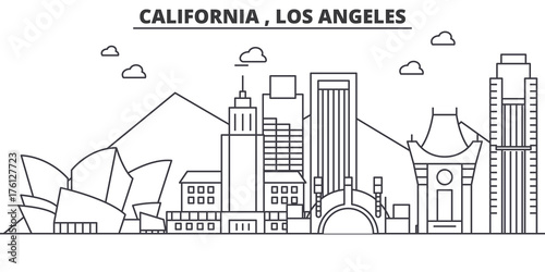 California Los Angeles architecture line skyline illustration. Linear vector cityscape with famous landmarks, city sights, design icons. Editable strokes