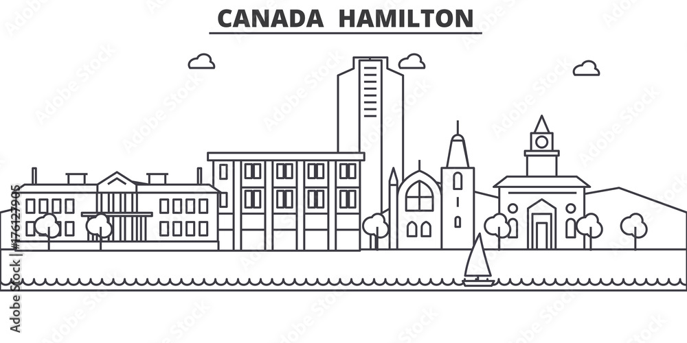 Fototapeta Canada Hamilton line architecture skyline illustration. Linear vector cityscape with famous landmarks, city sights, design icons. Landscape wtih editable strokes
