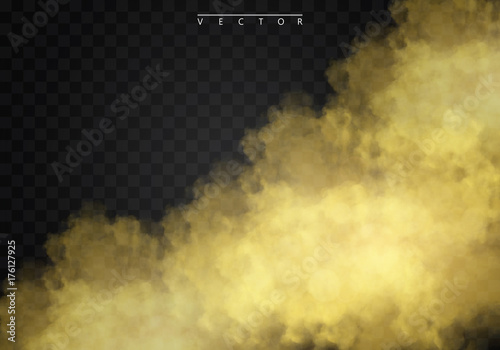 Golden fog or smoke with glows, light and bokeh, golden sparks isolated on a transparent background special effect. Golden vector cloudiness, mist or smog background. Vector illustration