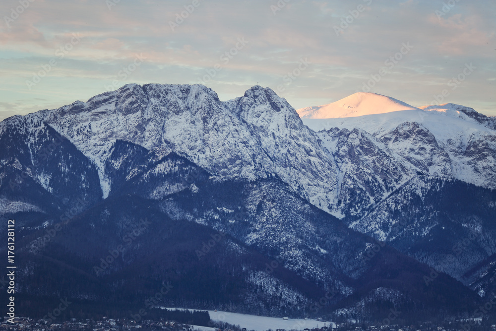 Winter landscape view of Giewont pick