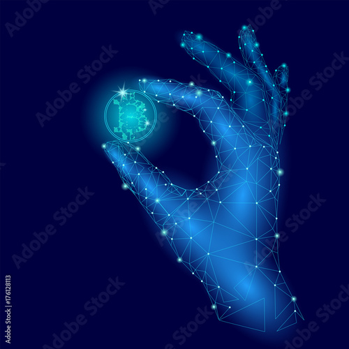 Low poly hand hold bitcoin carefully. Polygonal triangle connected dot point blue cryptocurrency coin. Finance business offer gain blockchain profit concept vector illustration