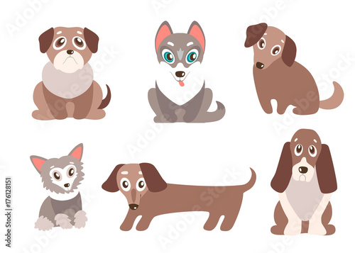 Vector set of puppies. Cute dogs, best friends. Pug, husky, dach