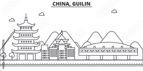 China, Gulin architecture line skyline illustration. Linear vector cityscape with famous landmarks, city sights, design icons. Editable strokes photo