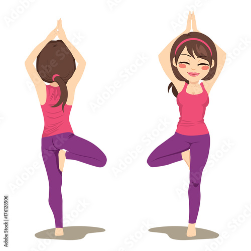 Young woman exercising yoga tree pose front and back view
