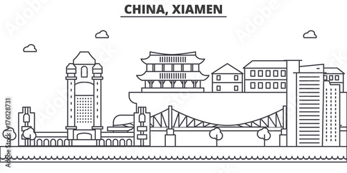 China, Xiamen architecture line skyline illustration. Linear vector cityscape with famous landmarks, city sights, design icons. Editable strokes