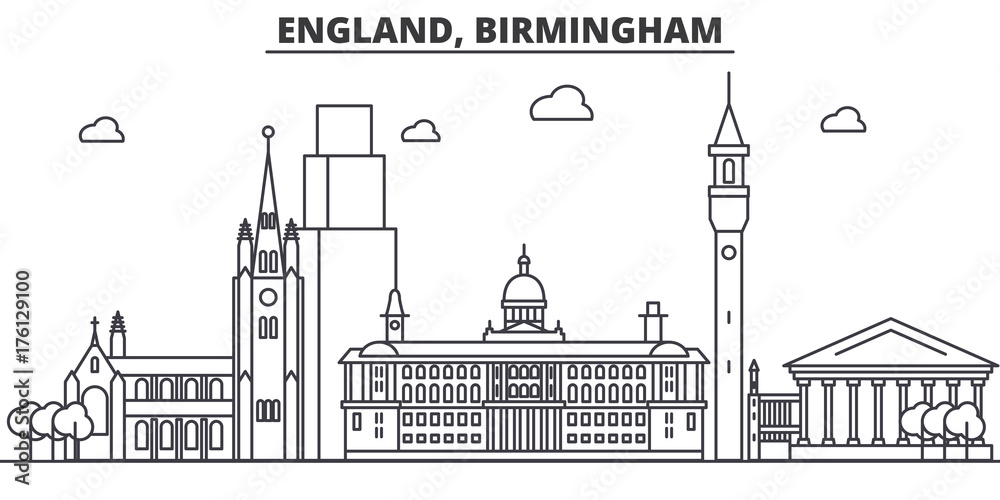 England, Birmingham architecture line skyline illustration. Linear vector cityscape with famous landmarks, city sights, design icons. Editable strokes