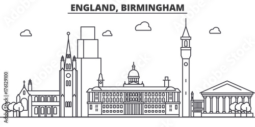 Obraz na płótnie England, Birmingham architecture line skyline illustration. Linear vector cityscape with famous landmarks, city sights, design icons. Editable strokes w salonie