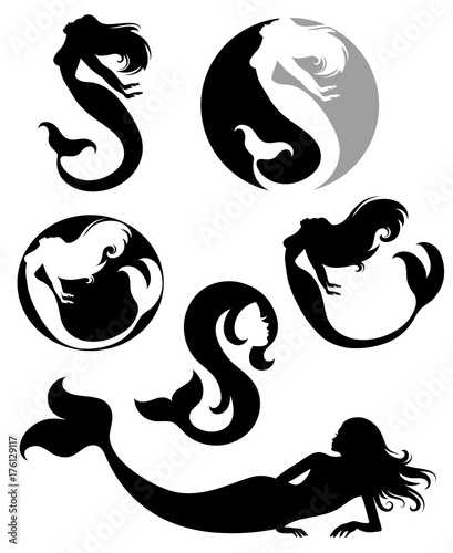 Collections of vector silhouettes of mermaids.