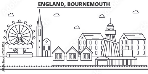 England, Bournemouth architecture line skyline illustration. Linear vector cityscape with famous landmarks, city sights, design icons. Editable strokes
