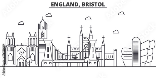England, Bristol architecture line skyline illustration. Linear vector cityscape with famous landmarks, city sights, design icons. Editable strokes