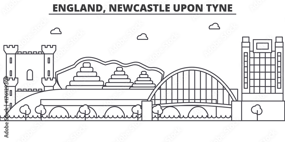 England, Newcastle Upon Tyne architecture line skyline illustration. Linear vector cityscape with famous landmarks, city sights, design icons. Editable strokes