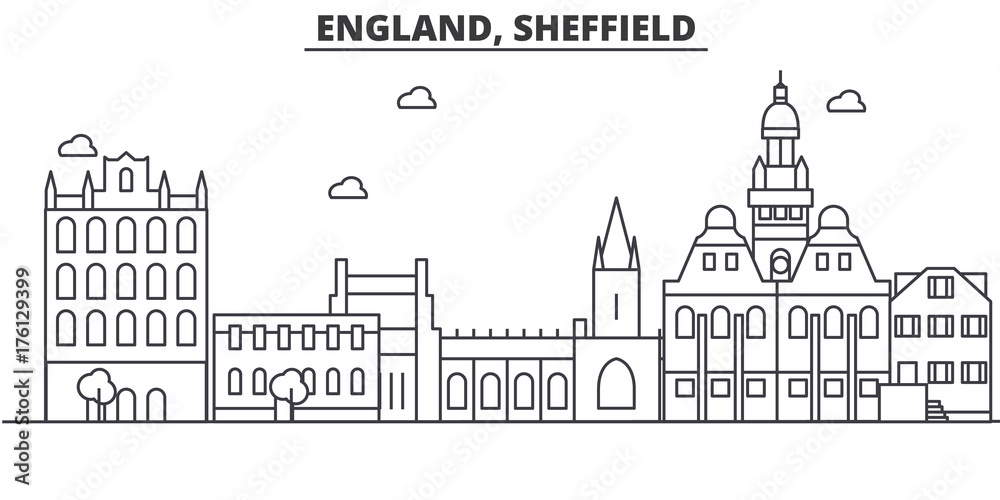 Fototapeta Anglia, ilustracja panoramę linii architektury Sheffield. Liniowy wektor gród ze słynnymi zabytkami, zabytkami miasta, ikonami projektu. Edytowalne obrysy