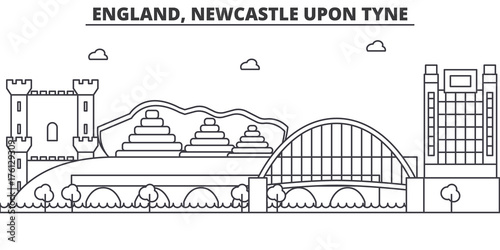 Obraz na płótnie England, Newcastle Upon Tyne architecture line skyline illustration. Linear vector cityscape with famous landmarks, city sights, design icons. Editable strokes w salonie