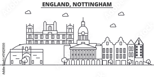 England, Nottingham architecture line skyline illustration. Linear vector cityscape with famous landmarks, city sights, design icons. Editable strokes