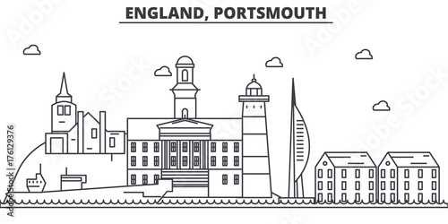 England, Portsmouth architecture line skyline illustration. Linear vector cityscape with famous landmarks, city sights, design icons. Editable strokes