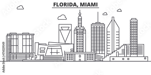 Florida Miami architecture line skyline illustration. Linear vector cityscape with famous landmarks, city sights, design icons. Editable strokes