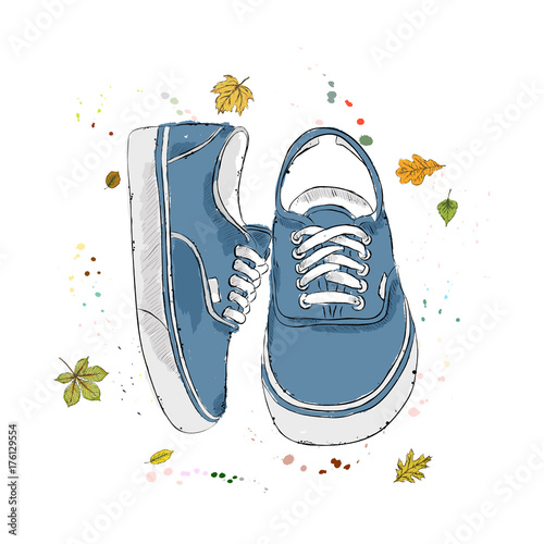 Blue modern sneakers. Shoes on the background of autumn leaves and drops of watercolor. Hand drawn vector illustration on a white background.