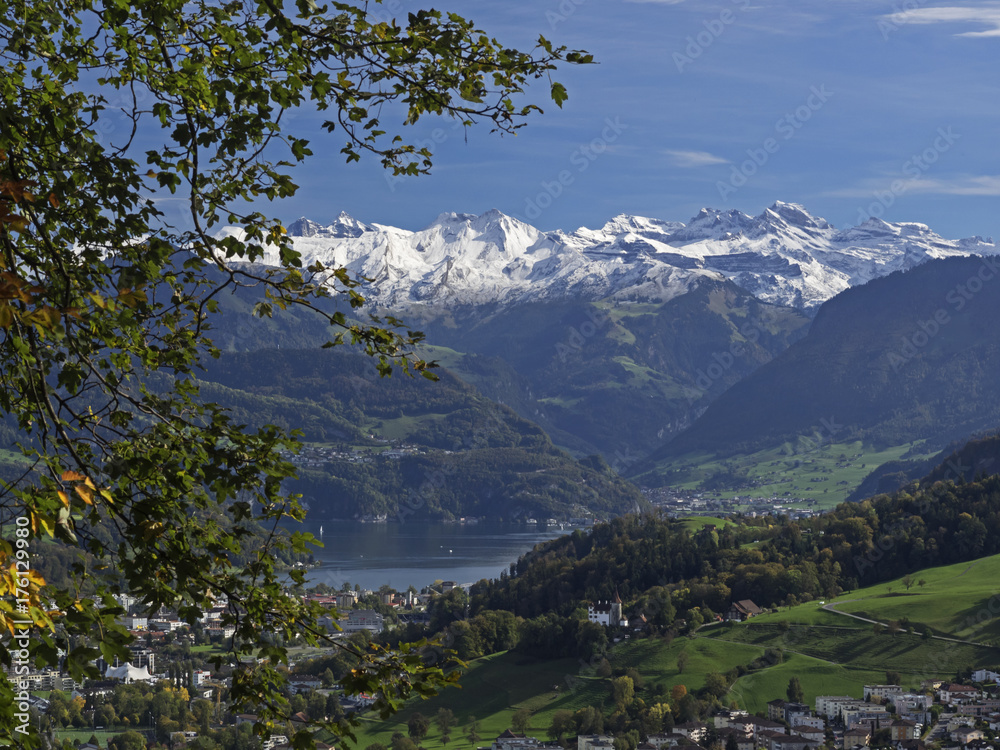 White central-swiss mountains in autumn