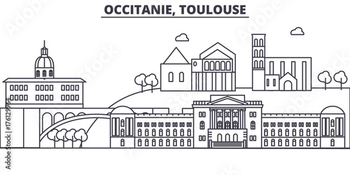 France, Toulouse architecture line skyline illustration. Linear vector cityscape with famous landmarks, city sights, design icons. Editable strokes
