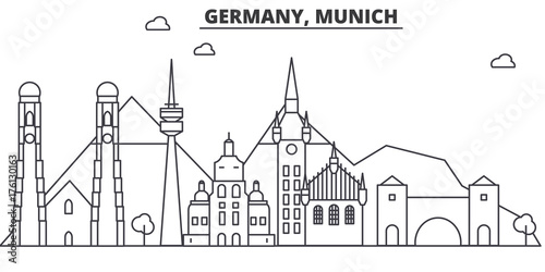 Germany, Munich architecture line skyline illustration. Linear vector cityscape with famous landmarks, city sights, design icons. Editable strokes