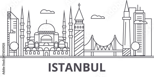 Istanbul architecture line skyline illustration. Linear vector cityscape with famous landmarks, city sights, design icons. Editable strokes