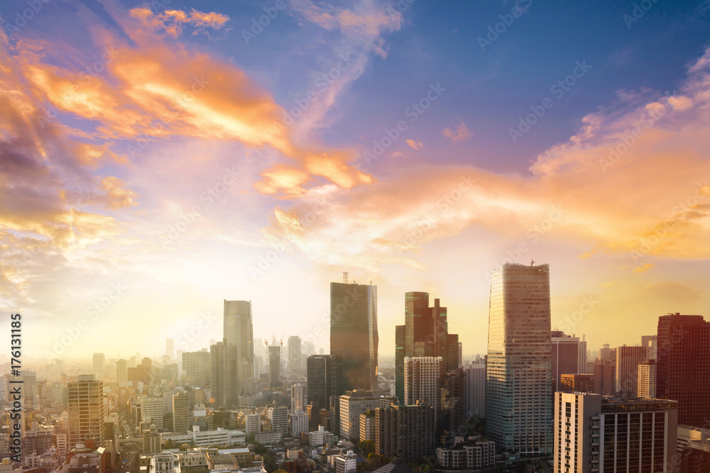 Obraz premium Cityscape of Tokyo city, japan. Aerial view of modern office building and downtown skyscraper of tokyo with clear sky background. Tokyo is metropolis and center of new asia's modern business