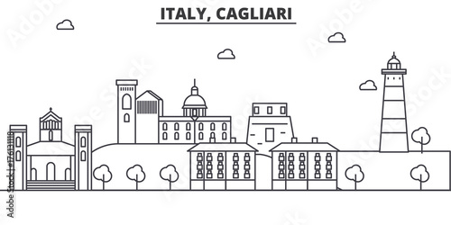 Obraz na płótnie Italy, Cagliari architecture line skyline illustration. Linear vector cityscape with famous landmarks, city sights, design icons. Editable strokes w salonie