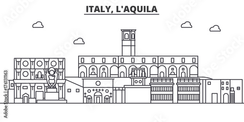 Italy, L aquila architecture line skyline illustration. Linear vector cityscape with famous landmarks, city sights, design icons. Editable strokes
