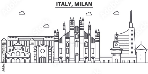 Italy, Milan architecture line skyline illustration. Linear vector cityscape with famous landmarks, city sights, design icons. Editable strokes