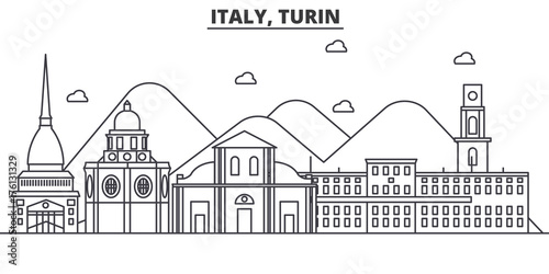 Italy, Turin architecture line skyline illustration. Linear vector cityscape with famous landmarks, city sights, design icons. Editable strokes