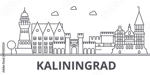 Kaliningrad architecture line skyline illustration. Linear vector cityscape with famous landmarks, city sights, design icons. Editable strokes