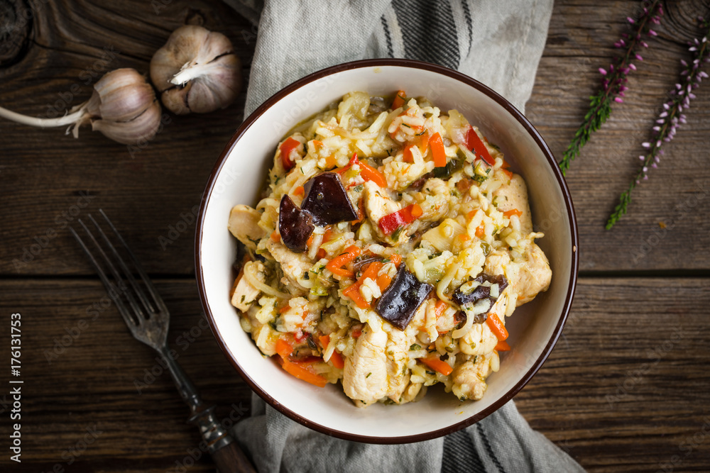Risotto with chicken and vegetables. Risotto with chicken and vegetables.
