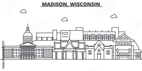 Madison, Wisconsin architecture line skyline illustration. Linear vector cityscape with famous landmarks, city sights, design icons. Editable strokes