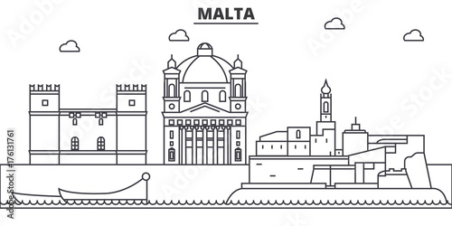 Malta architecture line skyline illustration. Linear vector cityscape with famous landmarks, city sights, design icons. Editable strokes