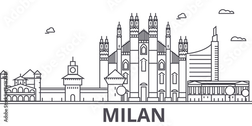 Milan architecture line skyline illustration. Linear vector cityscape with famous landmarks, city sights, design icons. Editable strokes