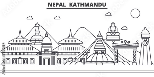 Nepal, Kathmandu architecture line skyline illustration. Linear vector cityscape with famous landmarks, city sights, design icons. Editable strokes