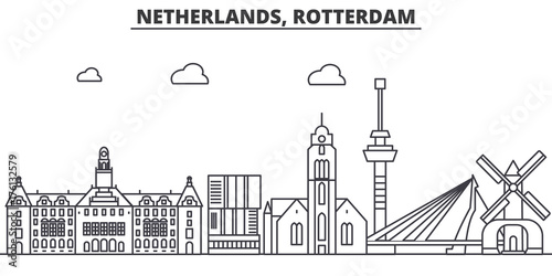 Netherlands, Rotterdam architecture line skyline illustration. Linear vector cityscape with famous landmarks, city sights, design icons. Editable strokes